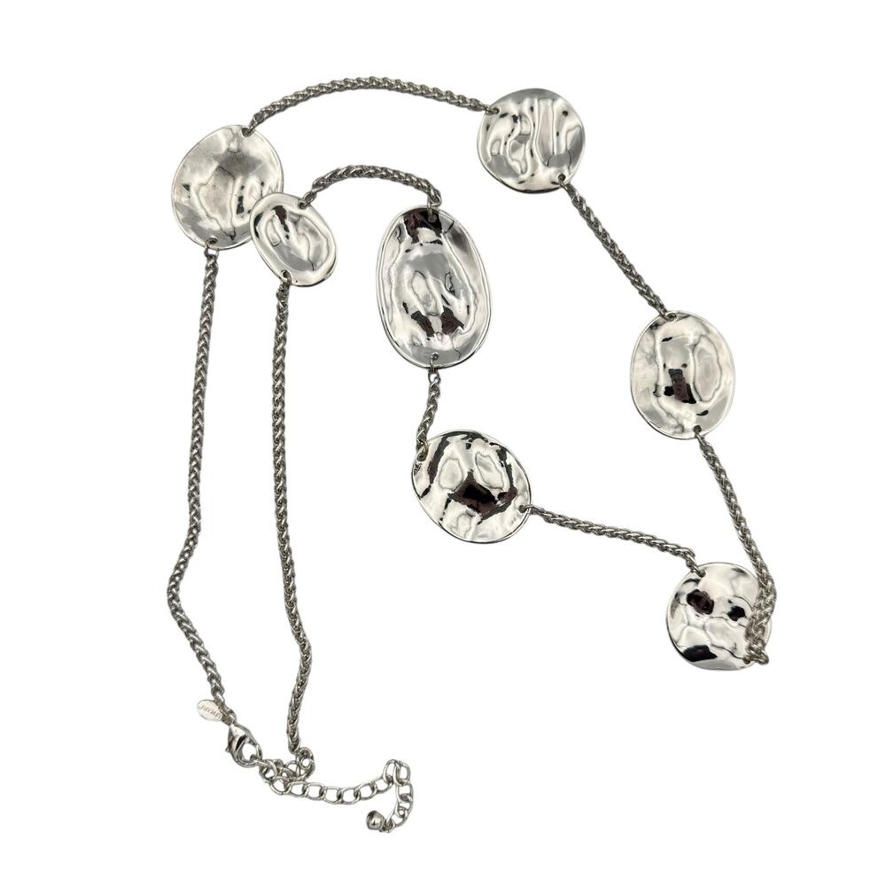 Chico’s Shiny Silver Tone Oval Wavy Textured Pendants Long Artisan Necklace